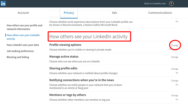 changing LinkedIn privacy settings