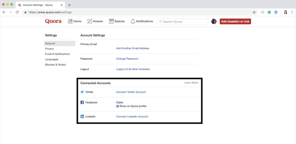 how to delete connected accounts from quora account 