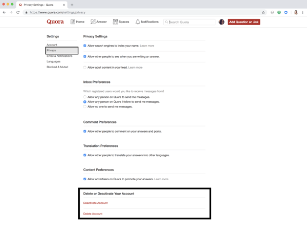 how to delete quora account step 3 click delete account
