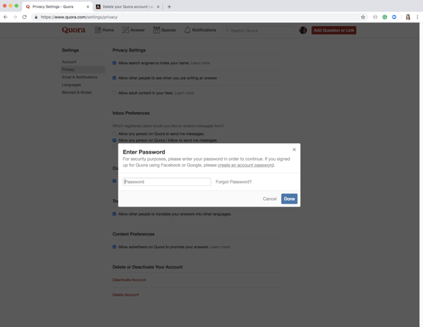 how to delete quora account step 4 enter password and press done