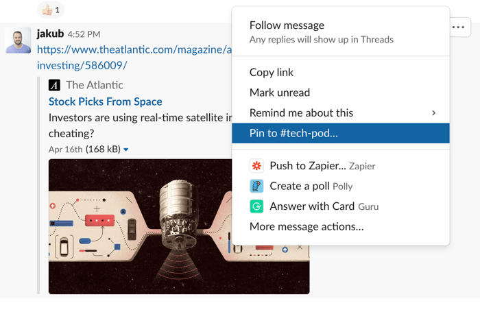 how to pin an item on Slack