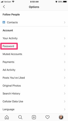 change instagram password page mobile