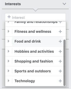 interests drop-down menu with food and drink selected