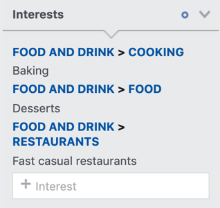 interests like baking, desserts, and fast casual restaurants selected in the interests section