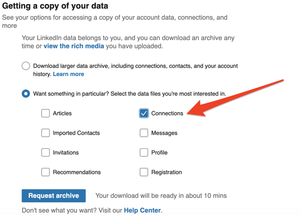 click connections to export contacts from linkedin