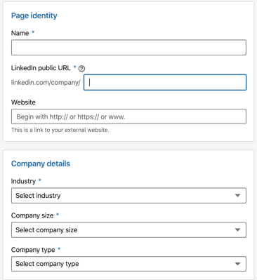 fill out company info to create LinkedIn business page