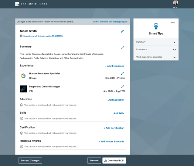 linkedin resume builder screen
