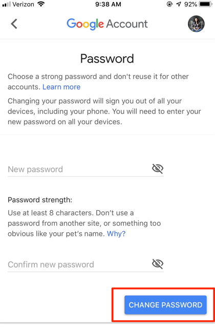Change Gmail Password in iPhone App