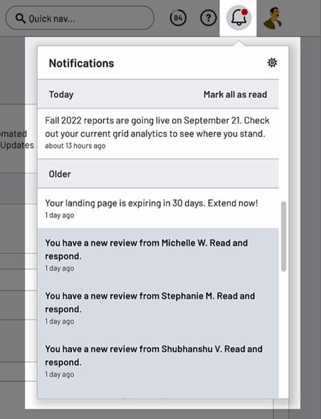 Example of new notifications within the my.G2 dashboard