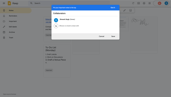 note sharing on google keep