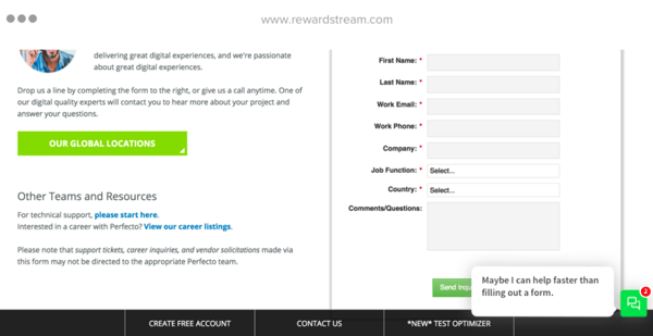 Perfecto Mobile's chatbot has a submission form