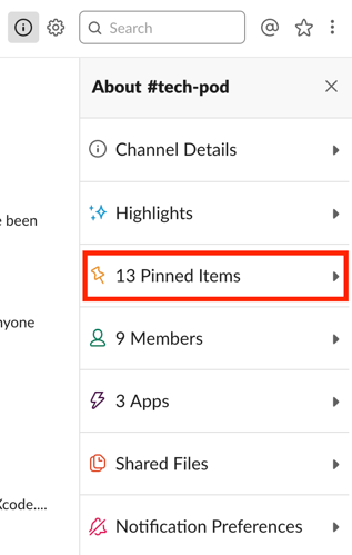 pinned items in Slack