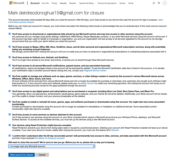 review and select boxes before closing your Skype account