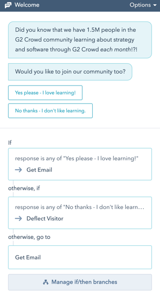 A rule-based chatbot with click-through buttons
