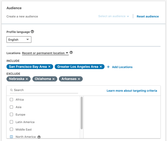screenshot of the audience section of the linkedin campaign manager