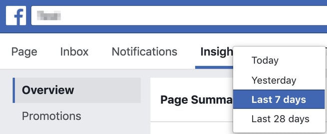page summary tab in facebook insights showing the option to select today yesterday last 7 days or last 28 days