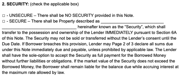 security promissory note