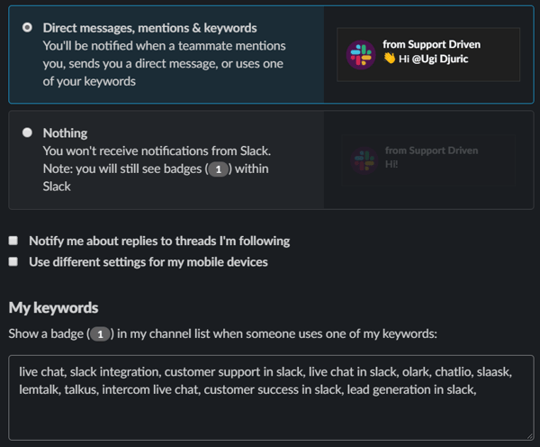 slack keywords