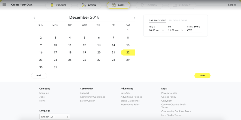 selecting date and time of your snapchat geofilter