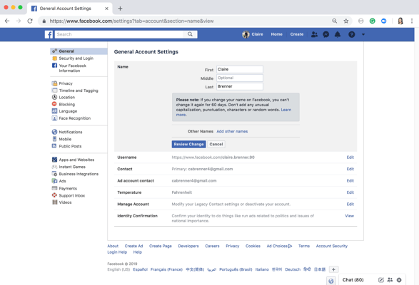 Step 3 enter your desired Facebook name and press review change
