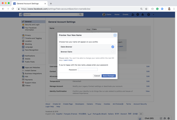 Step 4 preview your new Facebook name and save changes