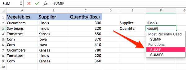 select SUMIF in Excel