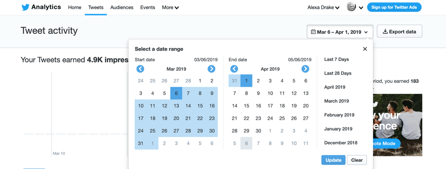 twitter analytics date range