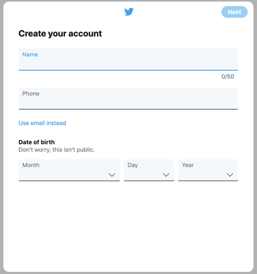 enter information to set up twitter account