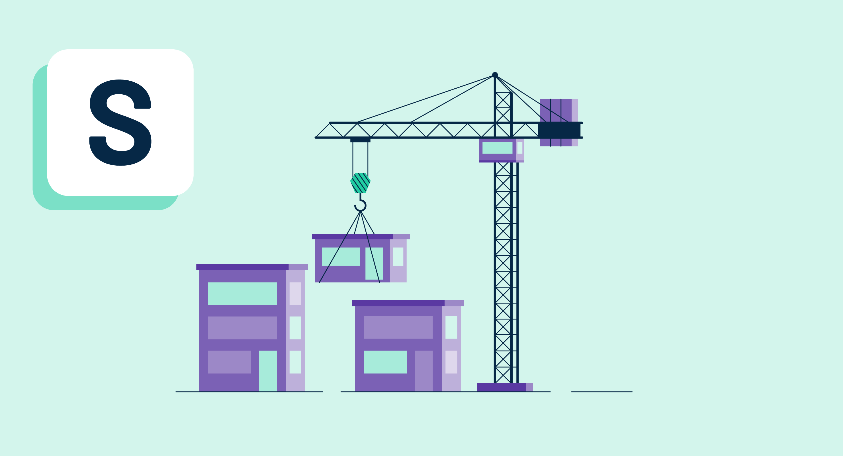  A purple building block is being lifted by a crane to be placed on top of another building block representing the need to consider factors for cloud service scalability.
