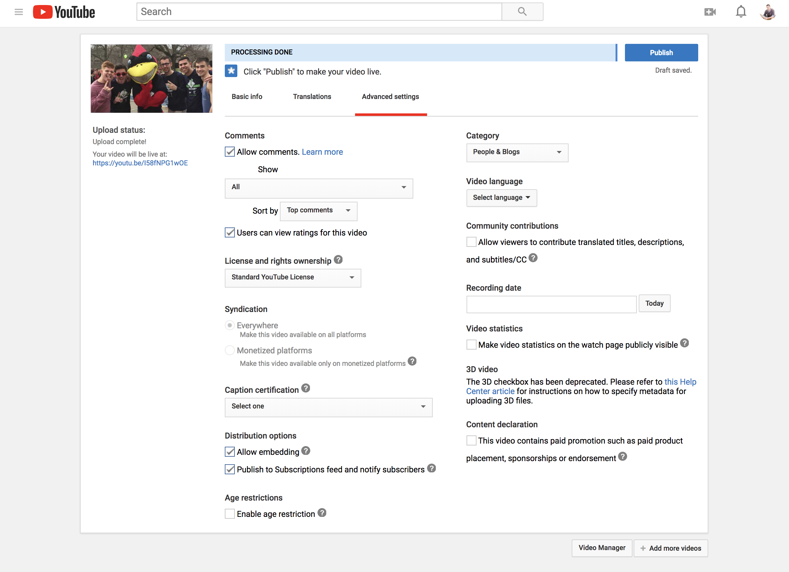 YouTube advanced settings