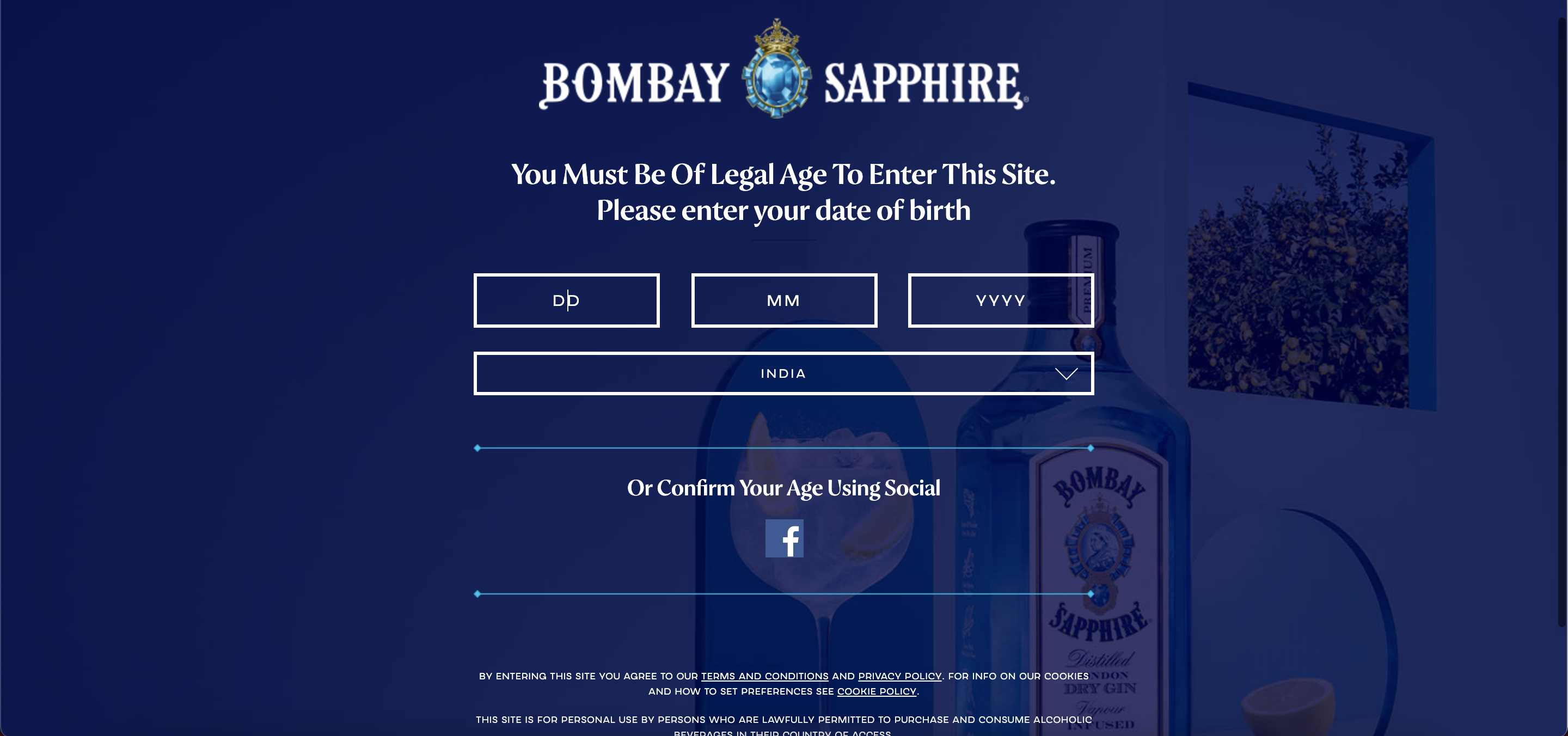 bombay sapphire age verification page