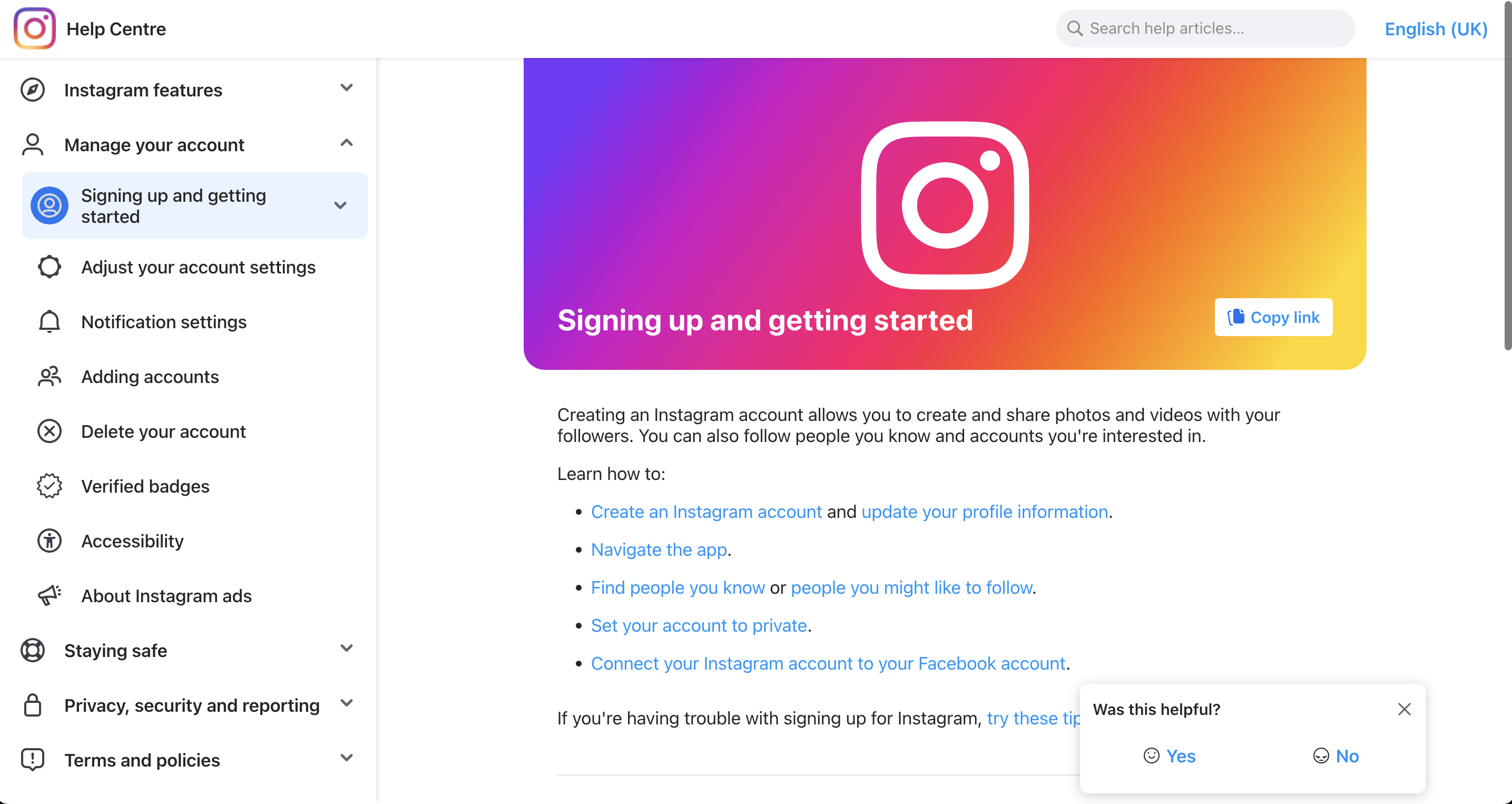 Faq page example: instagram