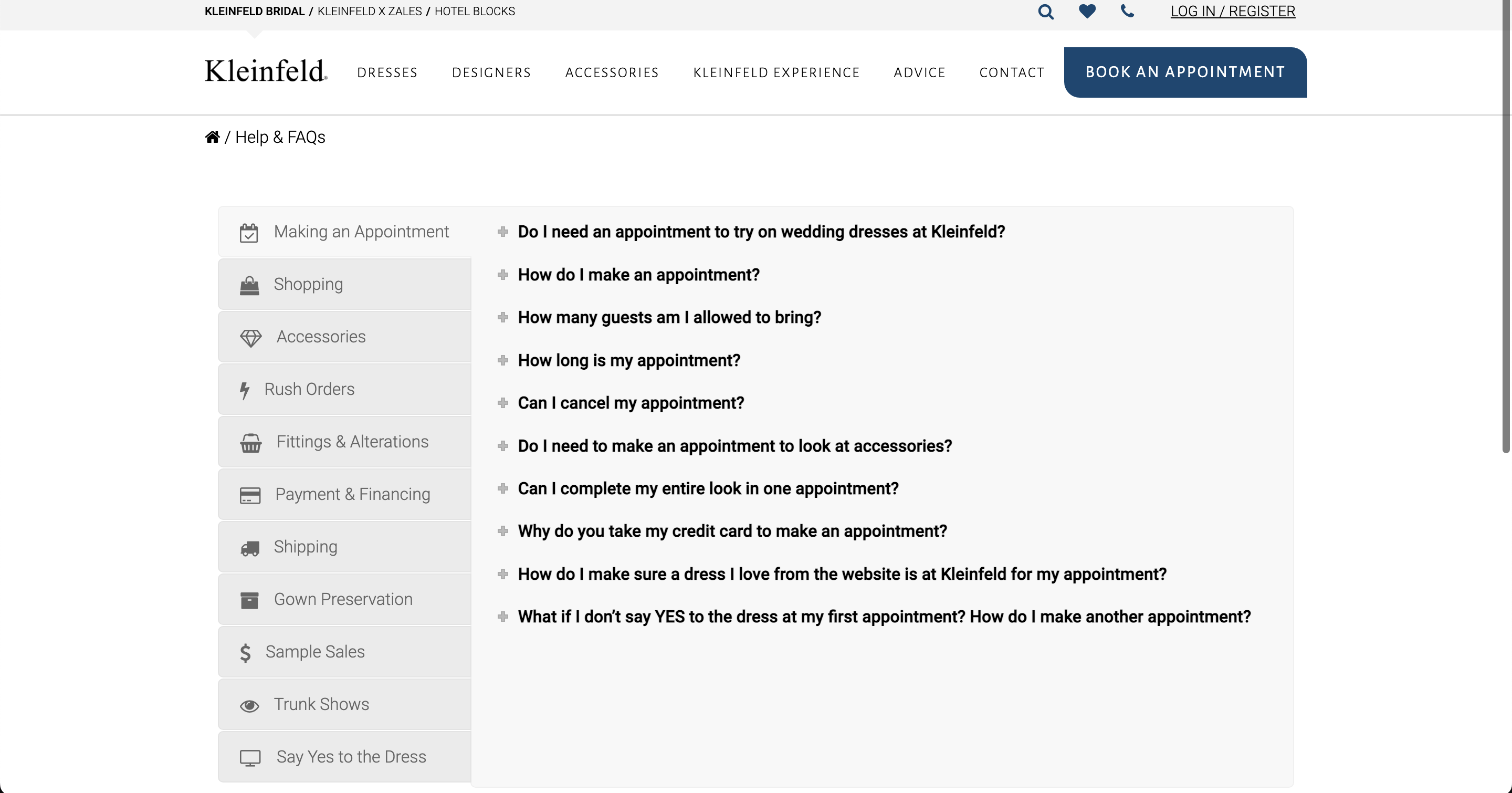 Faq page example: Kleinfeld Bridal