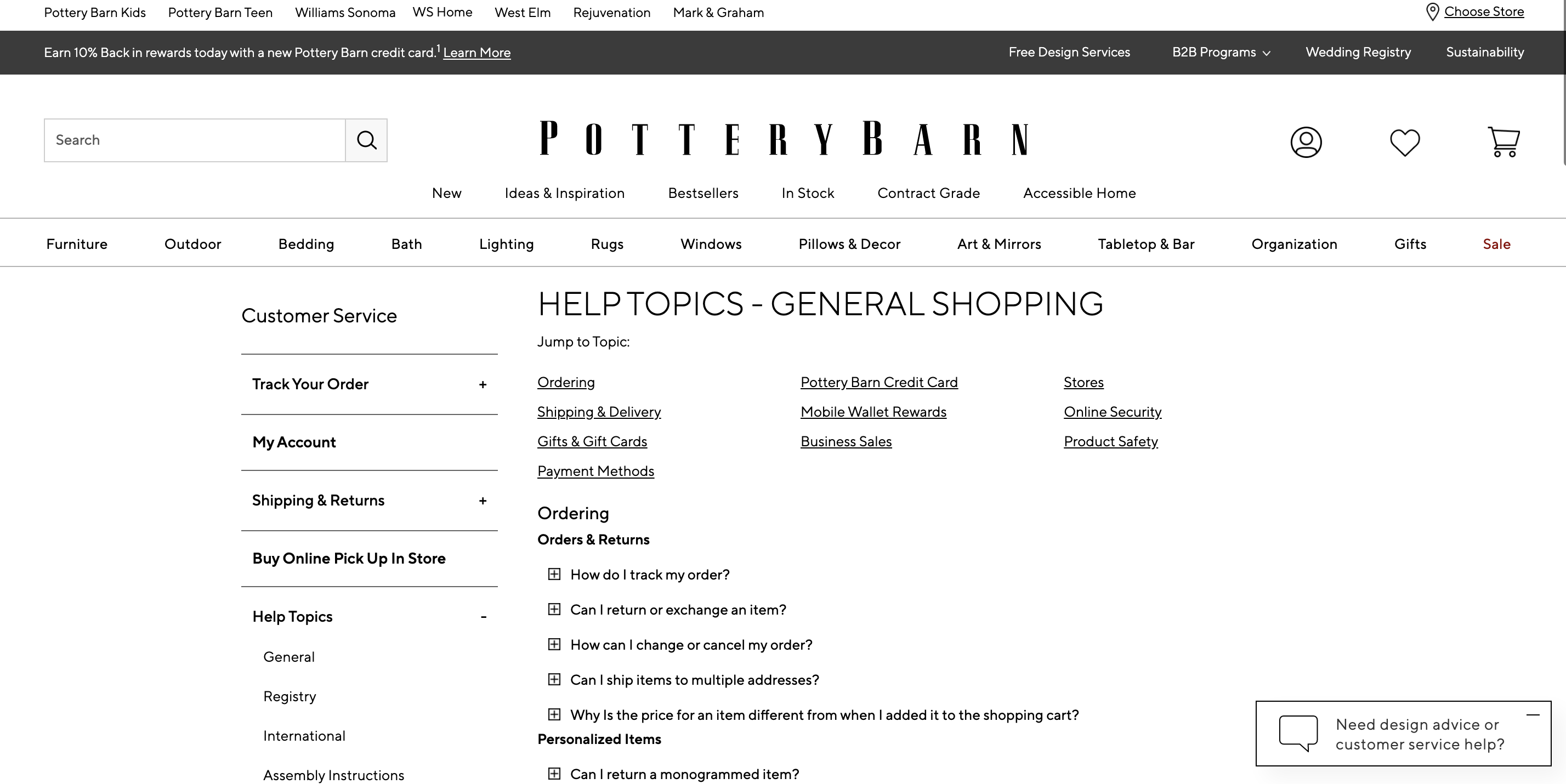 Faq page example: potterybarn