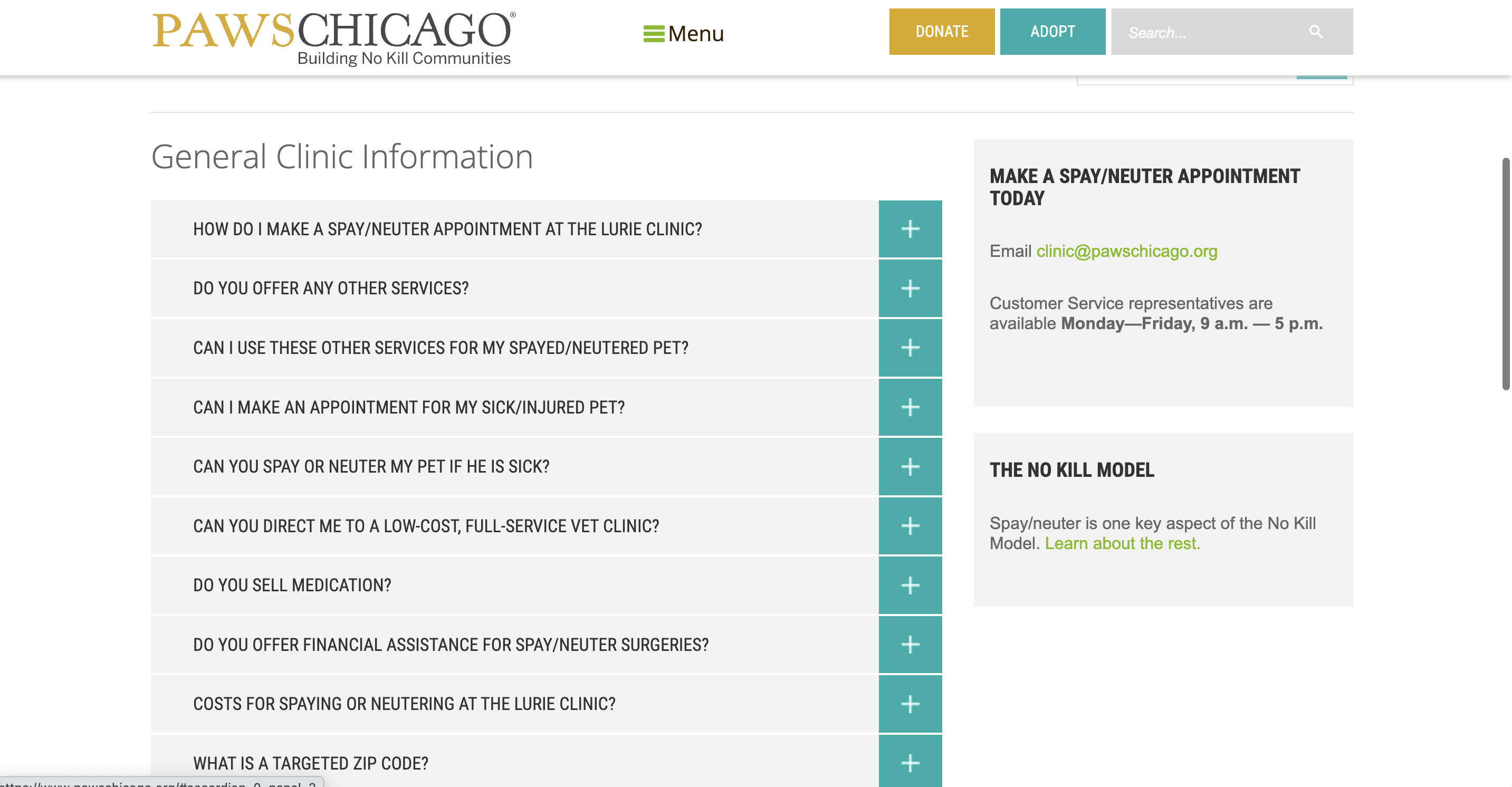 Faq page example: paws chicago