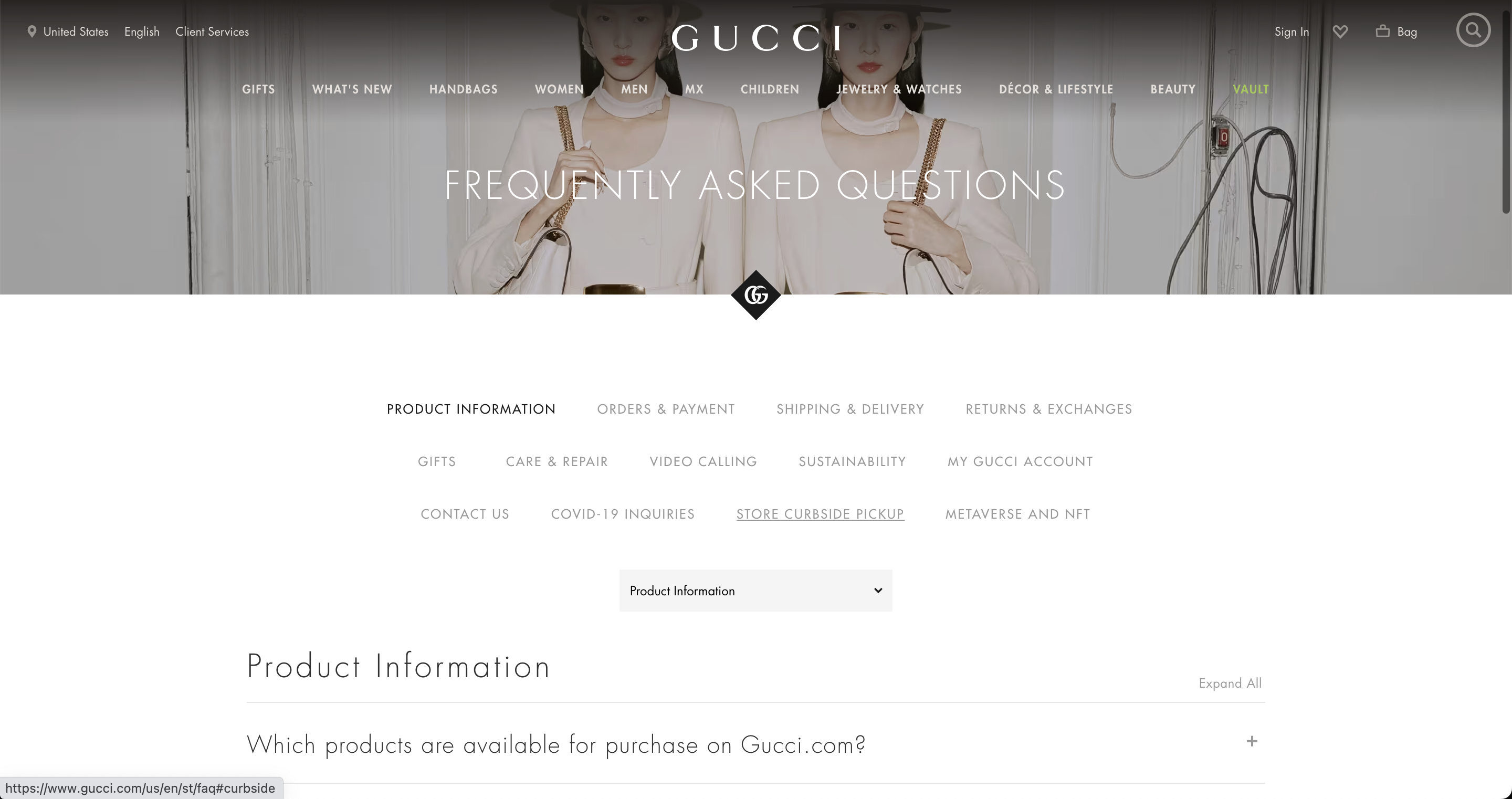 Faq page example: gucci