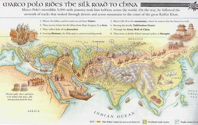 map depicting Marco Polo's journey through the Silk Road to China