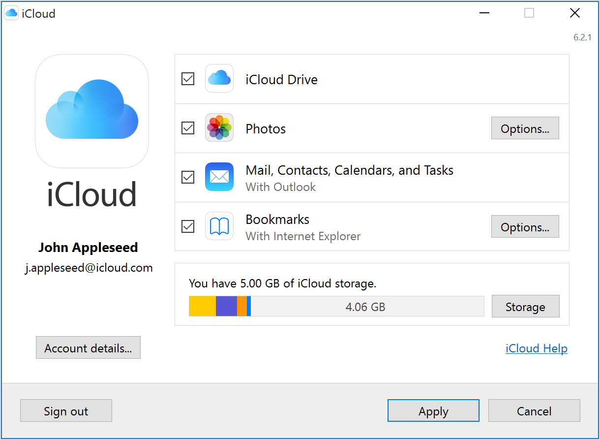 Apple iCloud interface, a free cloud storage product 