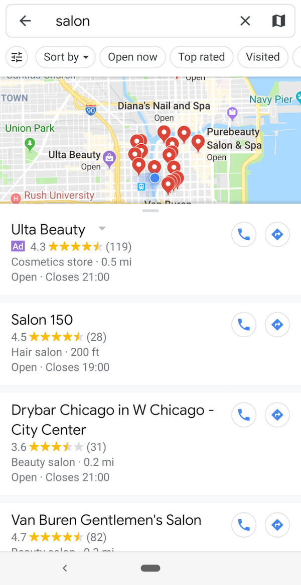 Local pack ad in Google Maps that leverages search engine optimization or SEO.