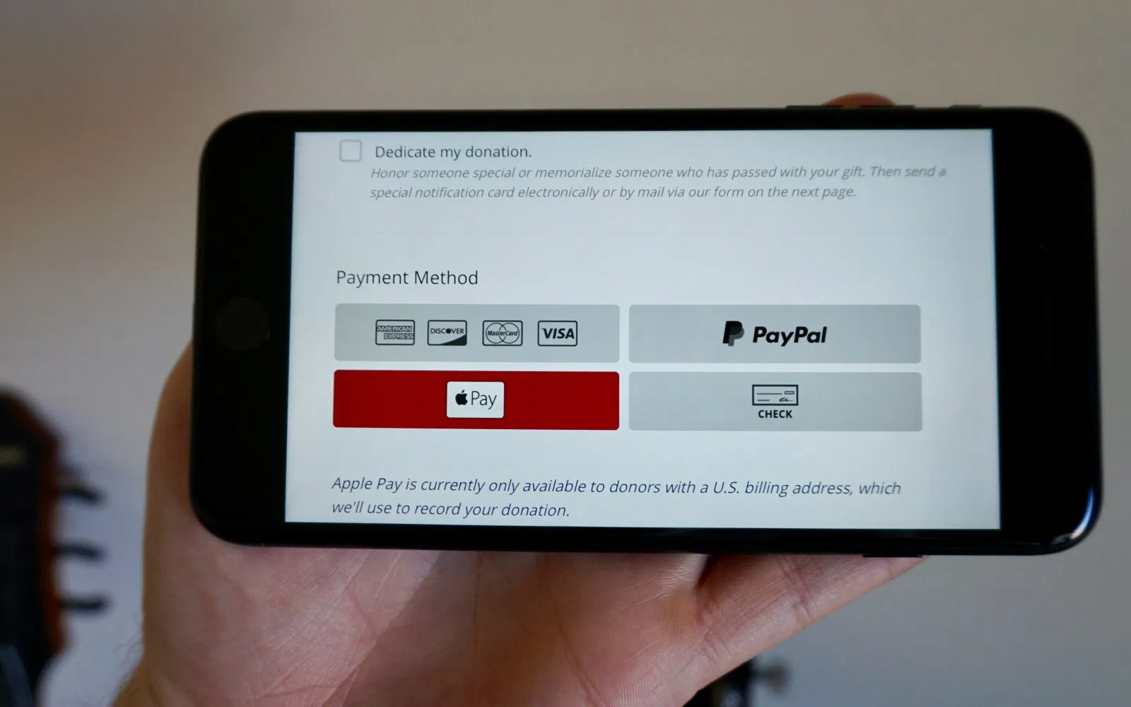 Example of nonprofit donation page with integrated Apple Pay.